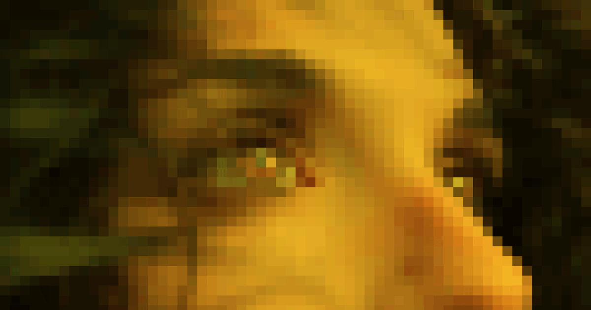 Pixelated closeup of eyes animating into focus