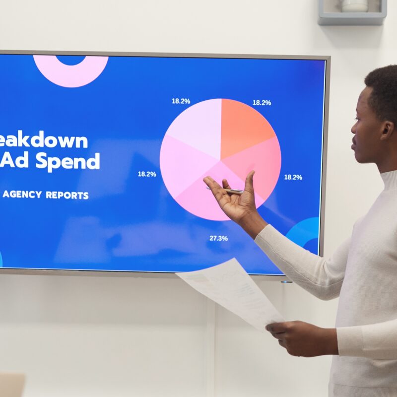 article banner image featuring a marketer looking at a powerpoint presentation with a breakdown of ad spend