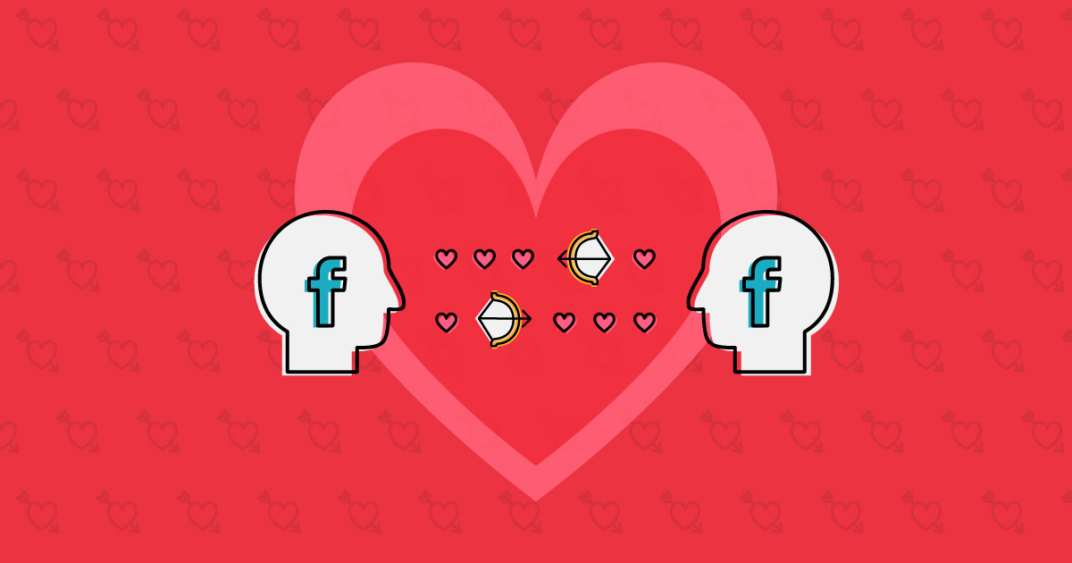 Hearts between two people with Facebook logo