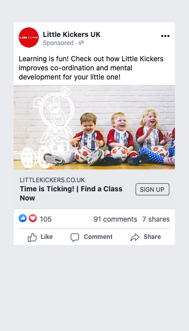 Little Kickers Spark Growth Case Study Facebook ad example