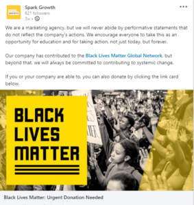 Black Lives Matter LinkedIn Post by Spark Growth