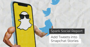 banner image featuring a cellphone with snapchat and twitter logo with title spark social report add tweets into snapchat stories