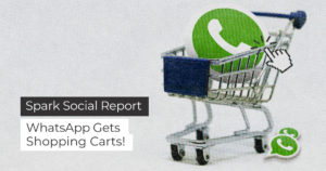 banner of the whatsapp logo in a shopping card with banner title spark social report whatsapp gets shopping carts