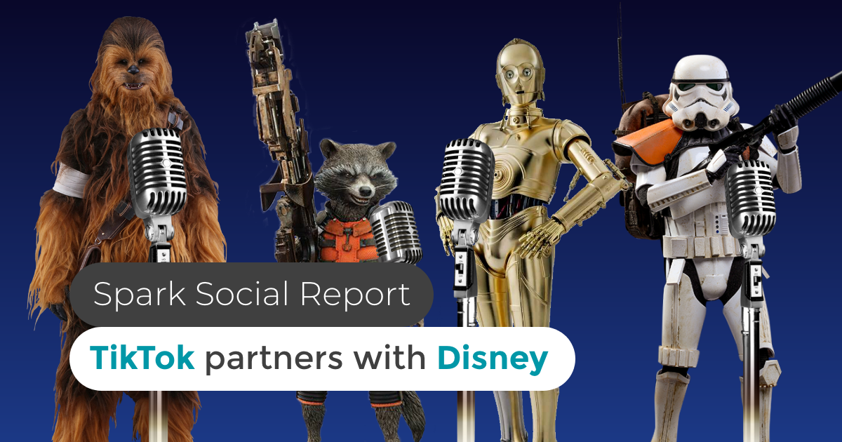 banner featuring star wars characters with microphones and title Spark Social Report TikTok partners with Disney