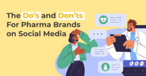 Article banner image featuring an illustration of two people using a cell phone and the article title the do's and don'ts of pharma brands on social media