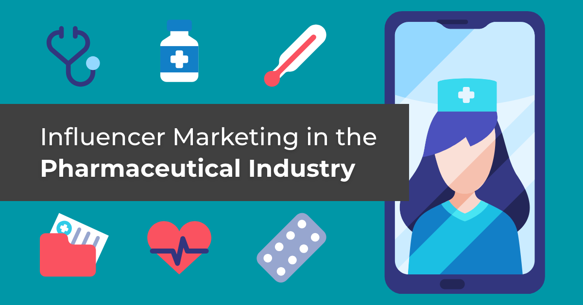 article banner featuring an illustrated phone with a nurse on the screen with the article title influencer marketing in the pharmaceutical industry