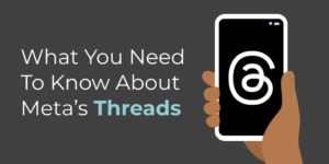 article banner featuring an illustrated hand holding a smartphone with the Threads logo and copy of the article title what you need to know about meta's threads