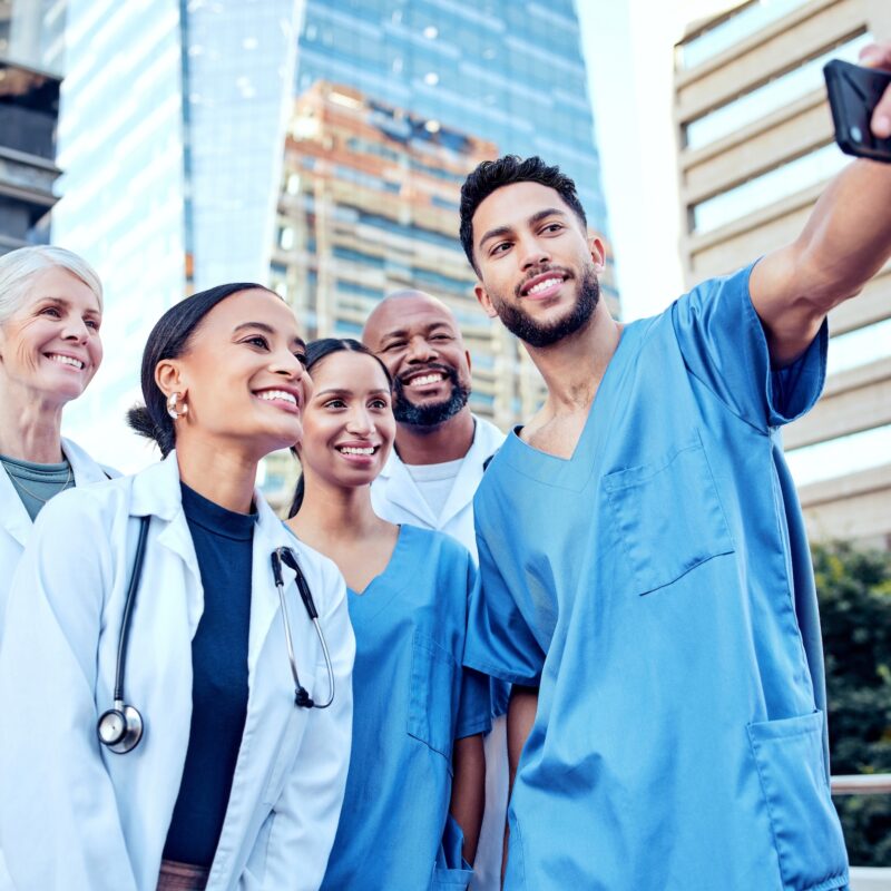 article banner featuring group of doctors taking a selfie