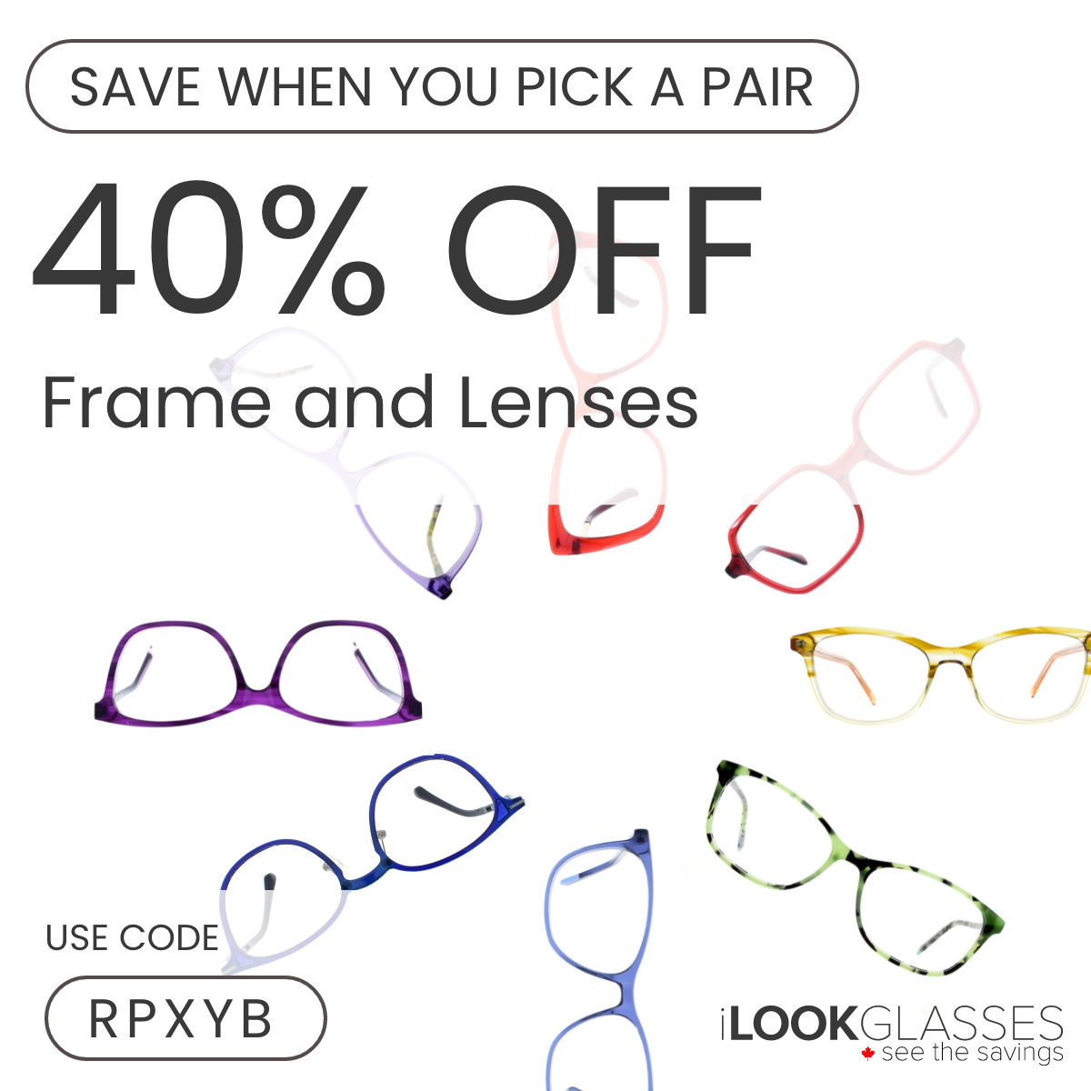 An iLook Glasses buy two pairs get 40% off ad.