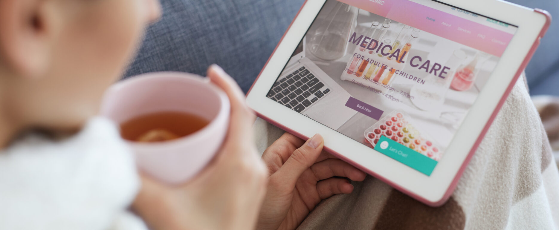 How Brands Can Reach the True Healthcare Decision Maker article banner featuring a woman drinking tea and looking at a tablet with medical care options for her family